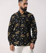 Black happy new year  full sleeves flannel printed shirt