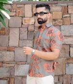 Dark brown floral half sleeve printed shirt