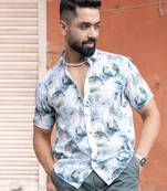 White blue floral print linen blend half sleeve shirt