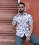 White floral linen blend half sleeve shirt