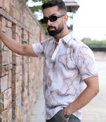 White marble print linen blend half sleeve shirt