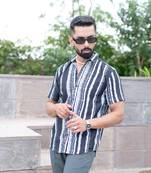 Black vertical lines turkish weave half sleeve shirt