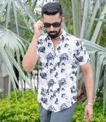 White black floral print turkish weave half sleeve shirt