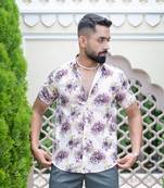 White purple floral print turkish weave half sleeve shirt