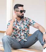 Multicolor abstract print linen blend half sleeve shirt