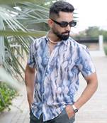 White blue marble print linen blend half sleeve shirt
