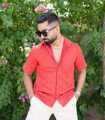 Crismson red suede oversize half sleeves shirt