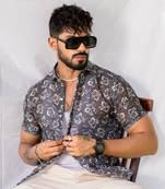 Black white floral print half sleeve crochet shirt ( shell button )