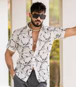 White abstract embroidered half sleeve linen shirt