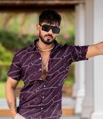 Linen embroidered half sleeve wine colour shirt