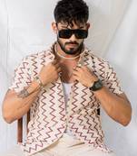 White red zig zag half sleeve crochet shirt ( shell button )