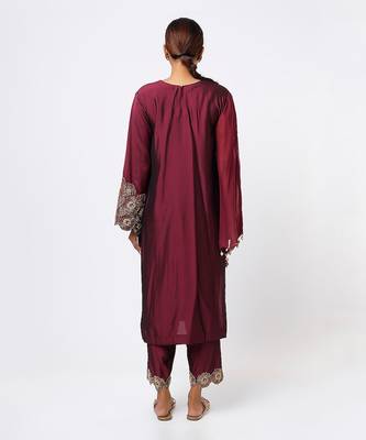 Wine hand embroidered kurta set 2