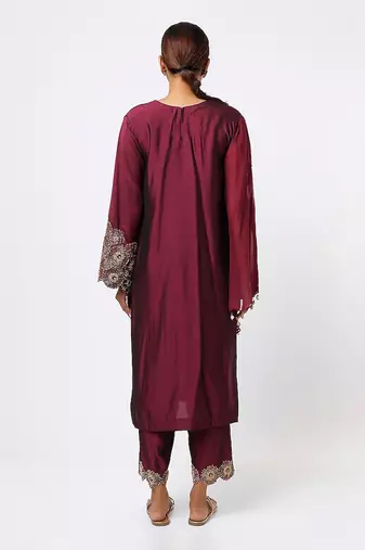 Wine hand embroidered kurta set