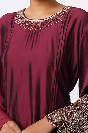 Wine hand embroidered kurta set