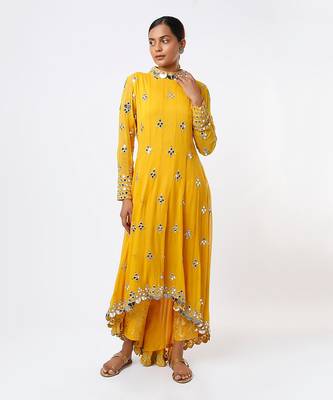 Mustard embroidered anarkali set 1