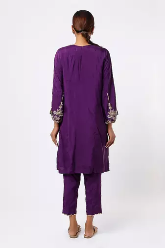 Purple hand embroidered kurta set