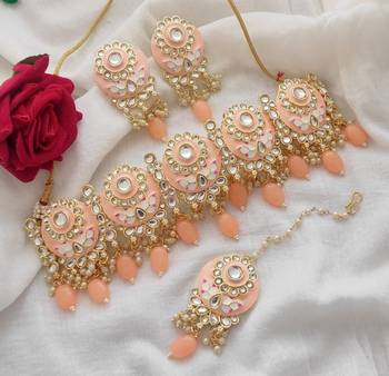 Lalso partywear peach meenakari kundan choker necklace earrings jewelry set with maangtikka 1