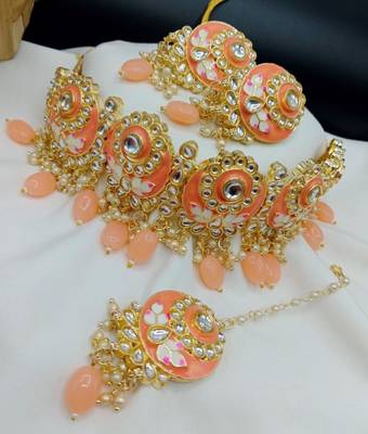 Lalso partywear peach meenakari kundan choker necklace earrings jewelry set with maangtikka 2