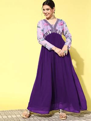 LIMBUDI CREATION Georgette Digital Print with Embroidery Lacework Anarkali Kurta 1