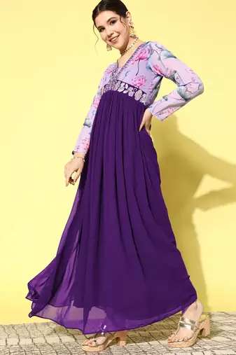 LIMBUDI CREATION Georgette Digital Print with Embroidery Lacework Anarkali Kurta
