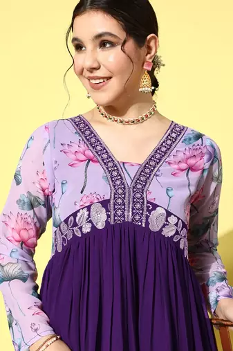 LIMBUDI CREATION Georgette Digital Print with Embroidery Lacework Anarkali Kurta