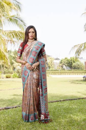 Women Teal Silk Kanjivaram Saree With Zari Border And Rich Pallu Saree With Blouse For Women