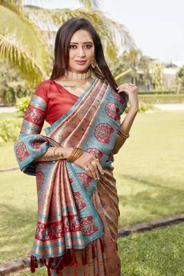 Women Teal Silk Kanjivaram Saree With Zari Border And Rich Pallu Saree With Blouse For Women 3