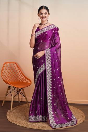 purple organza woven saree with unstitched blouse piece