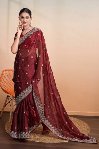 Maroon Organza Woven Saree With Unstitched Blouse Piece