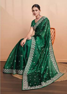 green organza woven saree with unstitched blouse piece 1