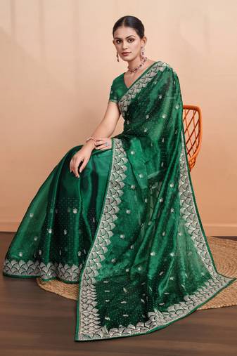 green organza woven saree with unstitched blouse piece