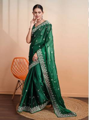 green organza woven saree with unstitched blouse piece 2