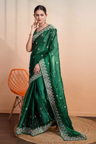 green organza woven saree with unstitched blouse piece
