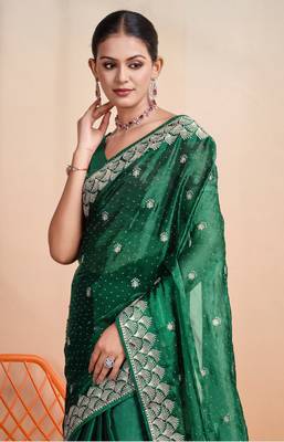 green organza woven saree with unstitched blouse piece 3