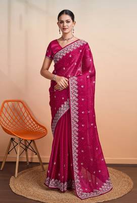 rani organza woven saree with unstitched blouse piece 1