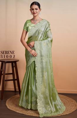 Kimisha women's pista organza woven saree with unstitched blouse piece 1
