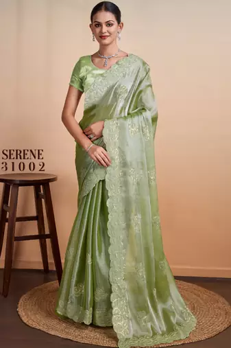 Kimisha women's pista organza woven saree with unstitched blouse piece