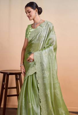 Kimisha women's pista organza woven saree with unstitched blouse piece 2