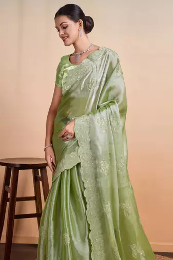 Kimisha women's pista organza woven saree with unstitched blouse piece
