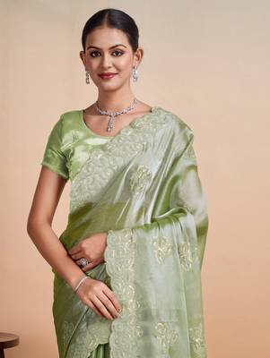 Kimisha women's pista organza woven saree with unstitched blouse piece 3