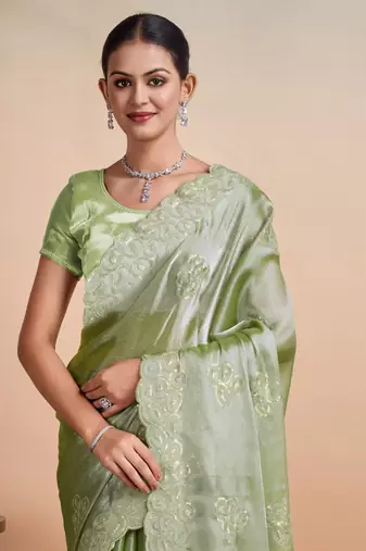 Kimisha women's pista organza woven saree with unstitched blouse piece