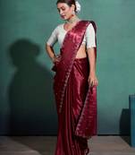 Kimisha Women'S Maroon Moss Satin Swarovski Saree With Unstitched Blouse Piece