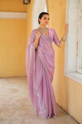 Lavender Organza Swarovski Saree With Unstitched Blouse Piece 2