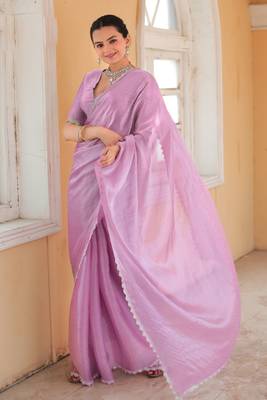 Lavender Organza Swarovski Saree With Unstitched Blouse Piece 4