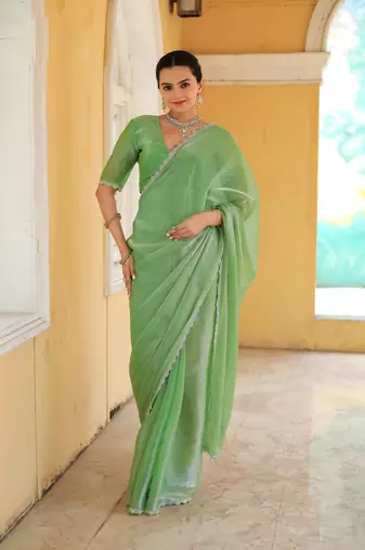 Green Organza Swarovski Saree With Unstitched Blouse Piece