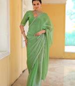 Green Organza Swarovski Saree With Unstitched Blouse Piece
