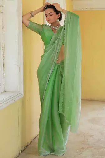 Green Organza Swarovski Saree With Unstitched Blouse Piece