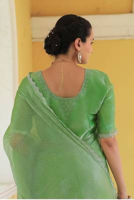 Green Organza Swarovski Saree With Unstitched Blouse Piece 3