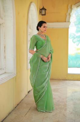 Green Organza Swarovski Saree With Unstitched Blouse Piece 4