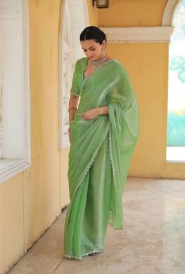 Green Organza Swarovski Saree With Unstitched Blouse Piece 5